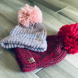 ~ New CC Beanies w/ Pom Pom set Red & Pink O/S ~